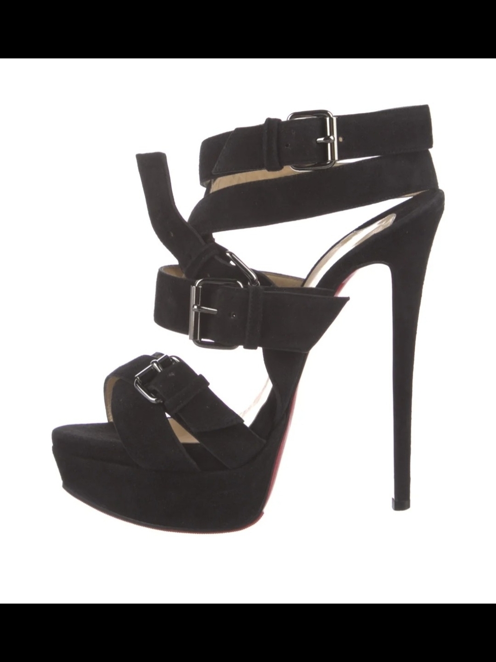 ❤️ RED BOTTOM ❤️ Black Suede Strappy Platform High-Heel Sandals